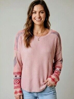 NWOT Black Tape Pink Waffle Knit Boho Chevron Sleeve Sweater XL
